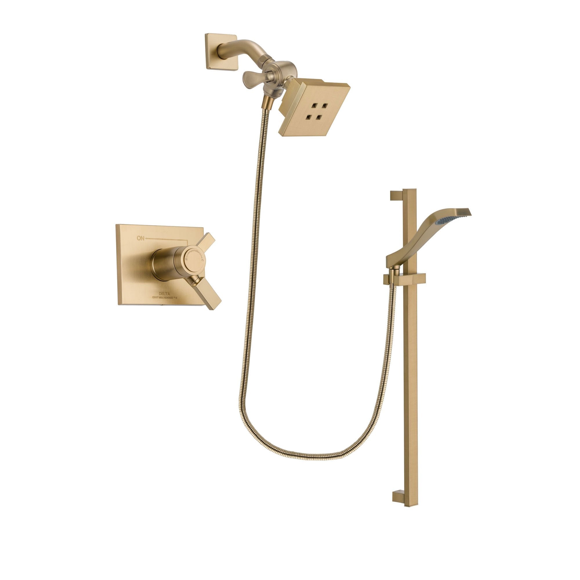 Delta Vero Champagne Bronze Finish Thermostatic Shower Faucet System Package with Square Showerhead and Modern Handheld Shower Spray with Slide Bar Includes Rough-in Valve DSP3912V