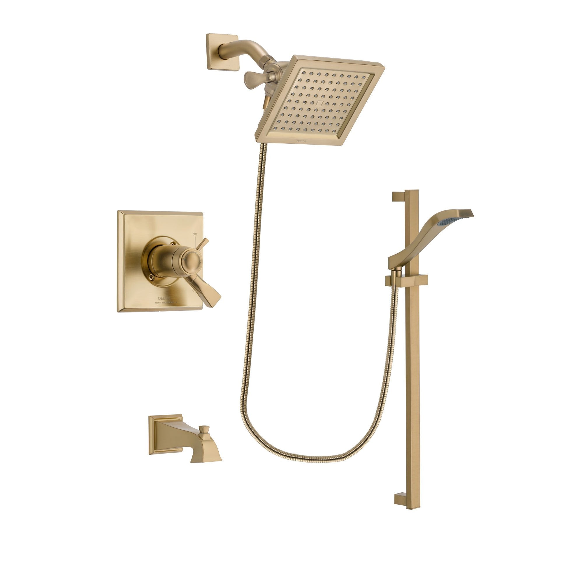 Delta Dryden Champagne Bronze Finish Thermostatic Tub and Shower Faucet System Package with 6.5-inch Square Rain Showerhead and Modern Handheld Shower Spray with Slide Bar Includes Rough-in Valve and Tub Spout DSP3921V