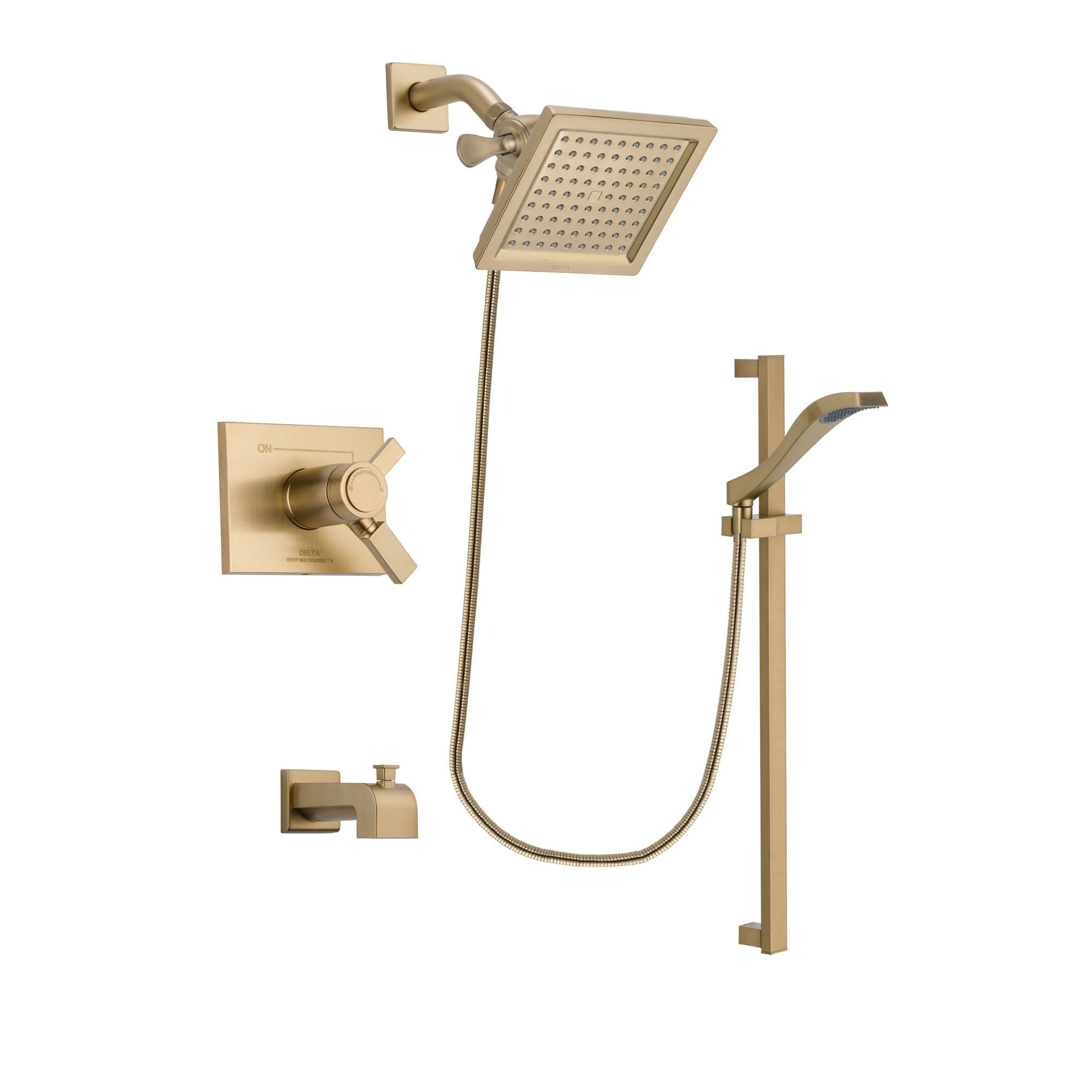 Delta Vero Champagne Bronze Finish Thermostatic Tub and Shower Faucet System Package with 6.5-inch Square Rain Showerhead and Modern Handheld Shower Spray with Slide Bar Includes Rough-in Valve and Tub Spout DSP3923V