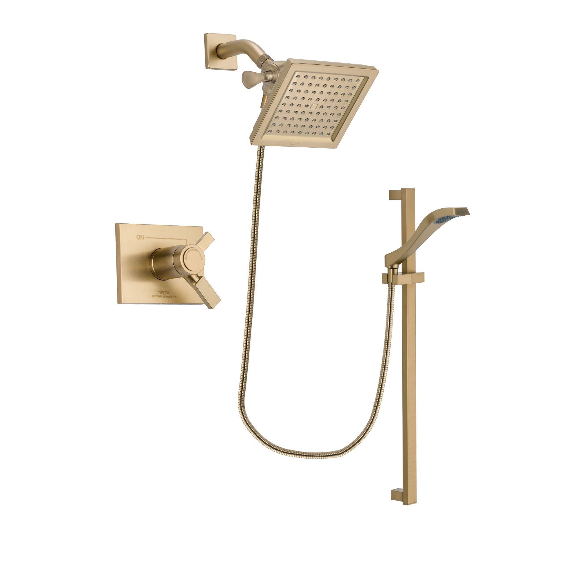Delta Vero Champagne Bronze Finish Thermostatic Shower Faucet System Package with 6.5-inch Square Rain Showerhead and Modern Handheld Shower Spray with Slide Bar Includes Rough-in Valve DSP3924V