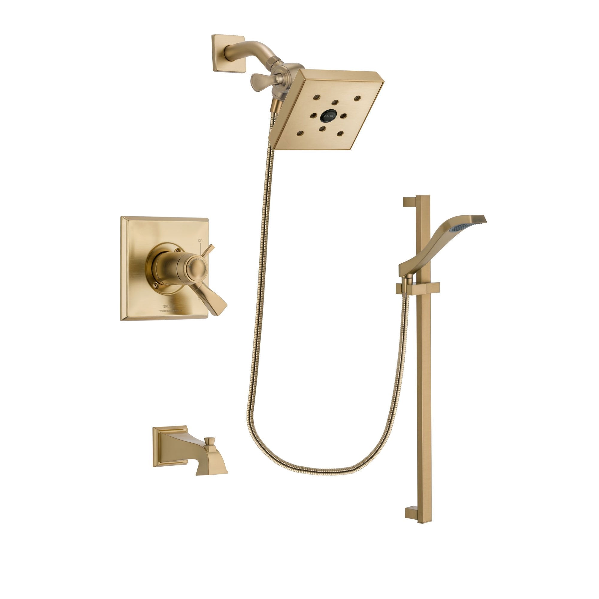 Delta Dryden Champagne Bronze Finish Thermostatic Tub and Shower Faucet System Package with Square Shower Head and Modern Handheld Shower Spray with Slide Bar Includes Rough-in Valve and Tub Spout DSP3933V