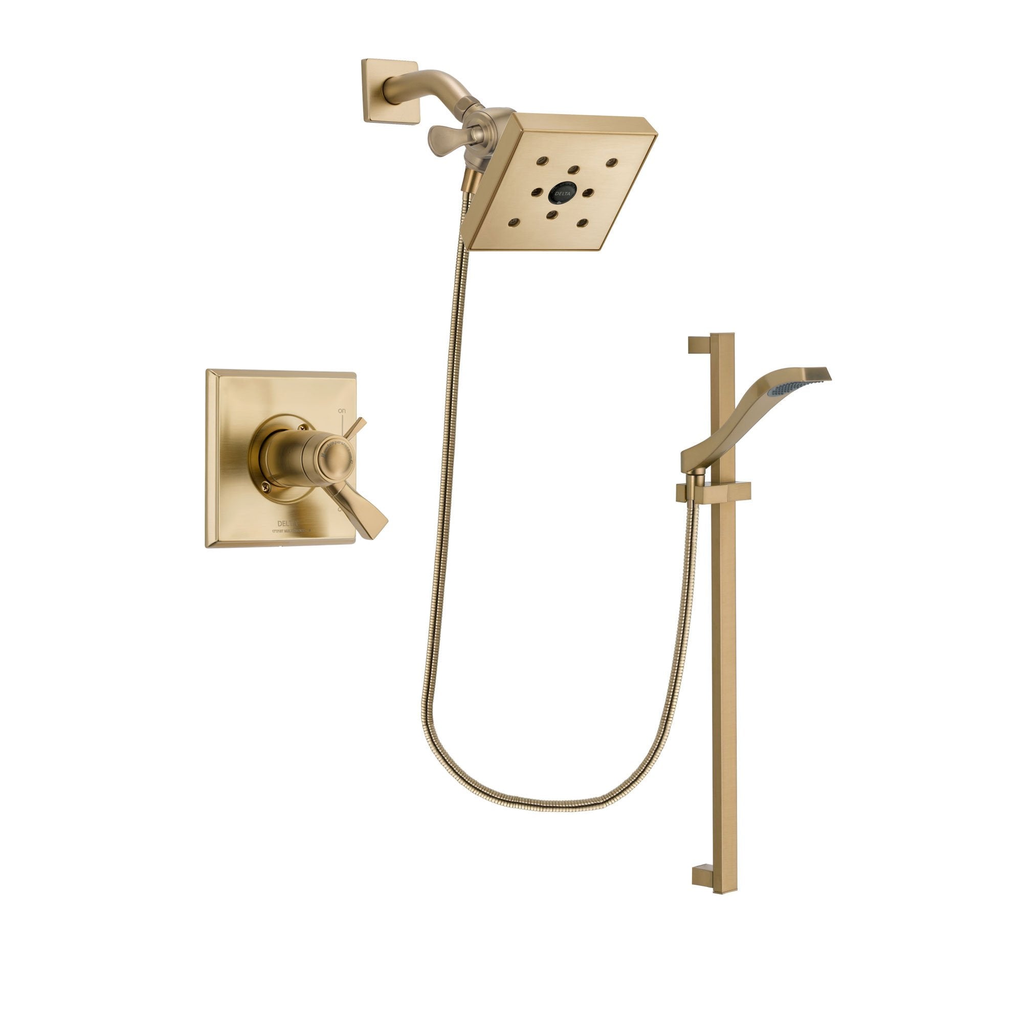 Delta Dryden Champagne Bronze Finish Thermostatic Shower Faucet System Package with Square Shower Head and Modern Handheld Shower Spray with Slide Bar Includes Rough-in Valve DSP3934V