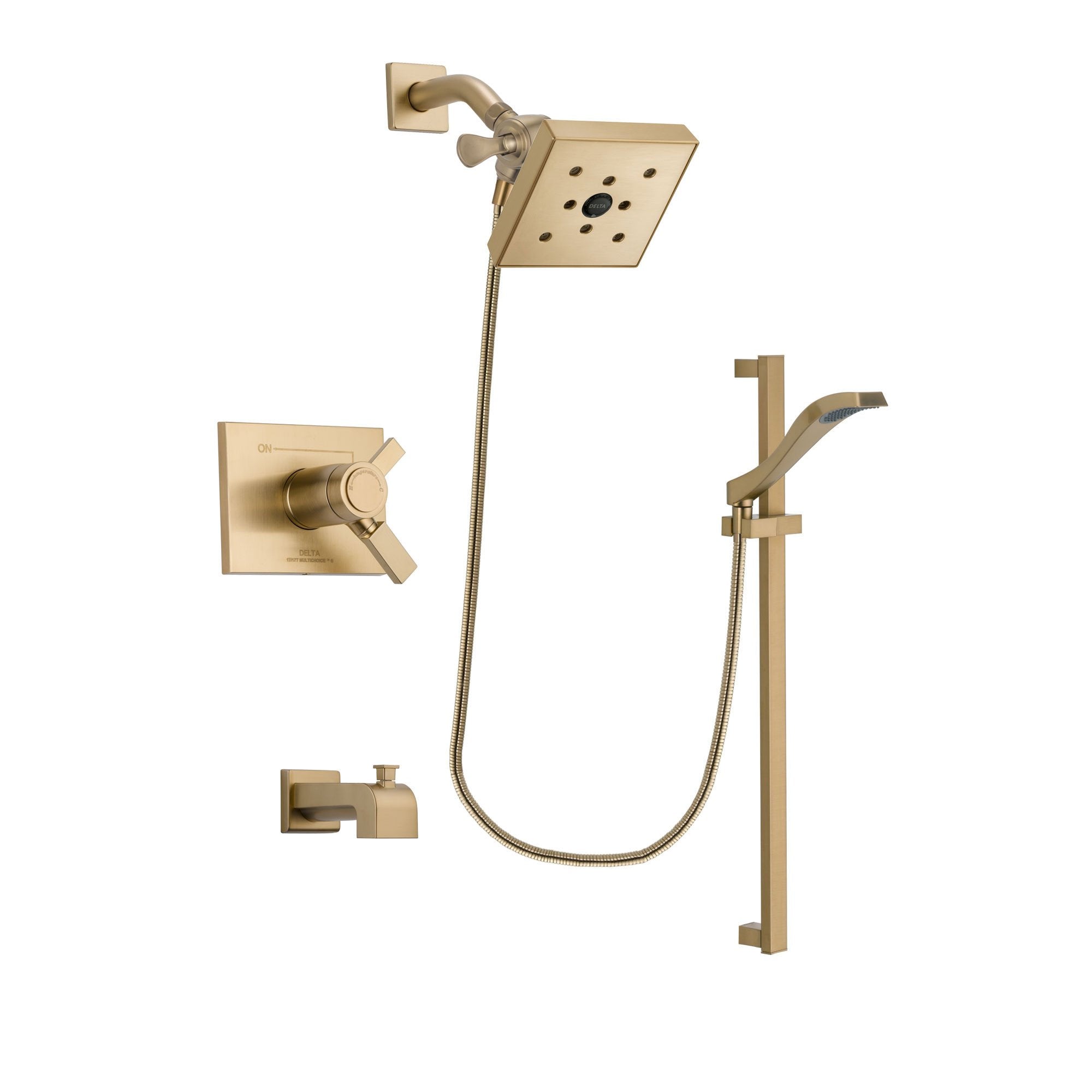 Delta Vero Champagne Bronze Finish Thermostatic Tub and Shower Faucet System Package with Square Shower Head and Modern Handheld Shower Spray with Slide Bar Includes Rough-in Valve and Tub Spout DSP3935V