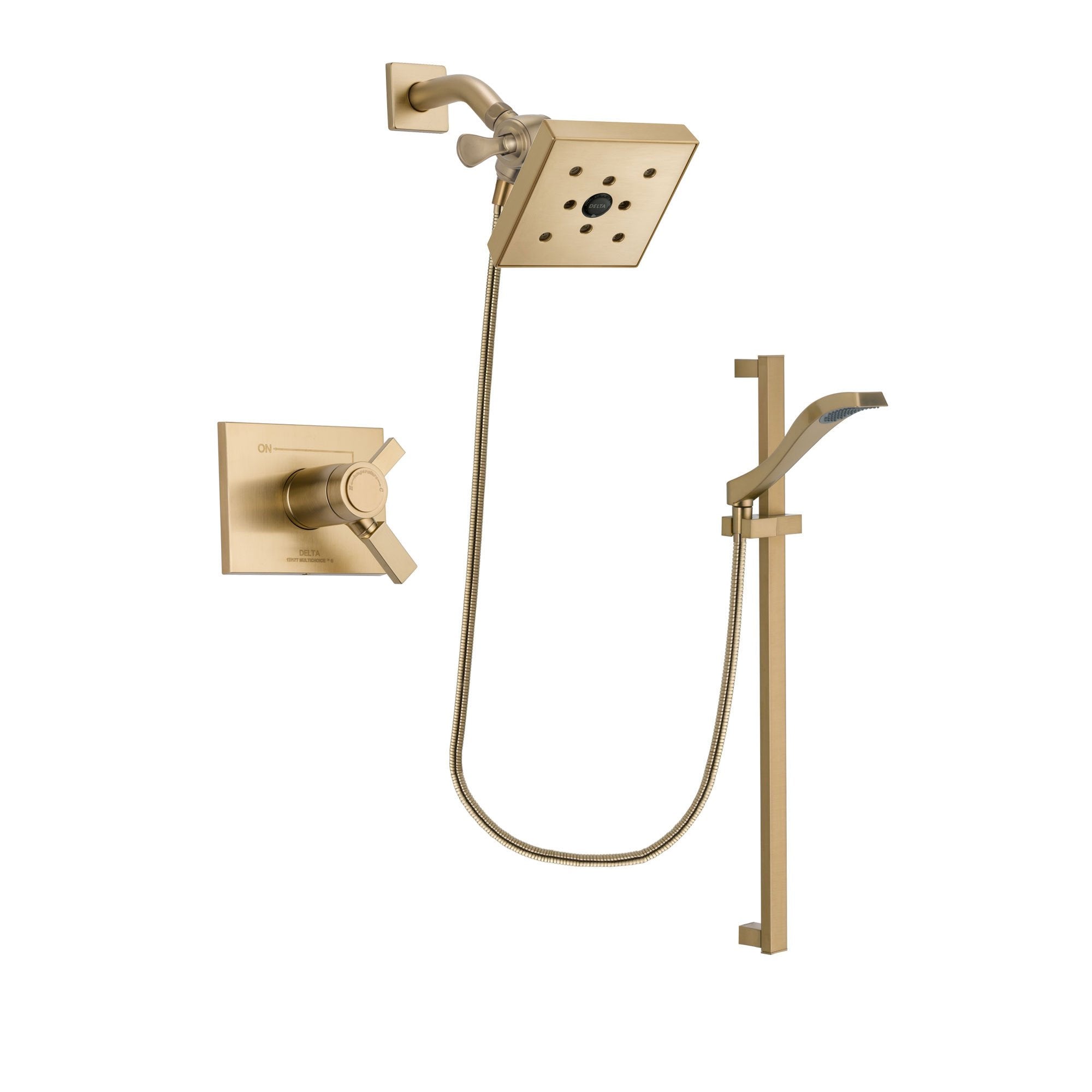 Delta Vero Champagne Bronze Finish Thermostatic Shower Faucet System Package with Square Shower Head and Modern Handheld Shower Spray with Slide Bar Includes Rough-in Valve DSP3936V