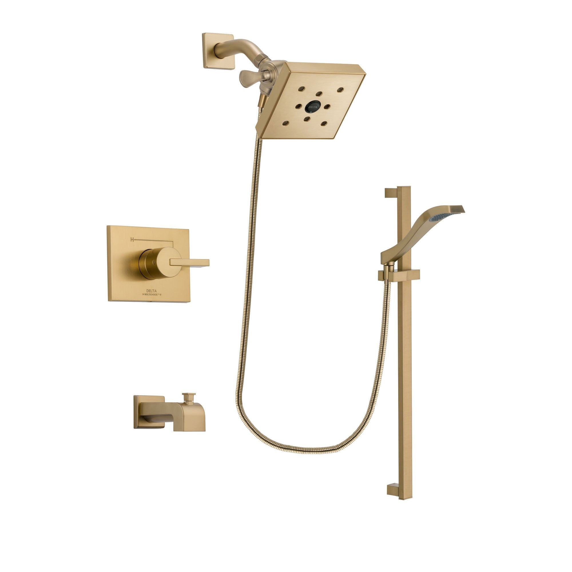 Delta Vero Champagne Bronze Finish Tub and Shower Faucet System Package with Square Shower Head and Modern Handheld Shower Spray with Slide Bar Includes Rough-in Valve and Tub Spout DSP3939V