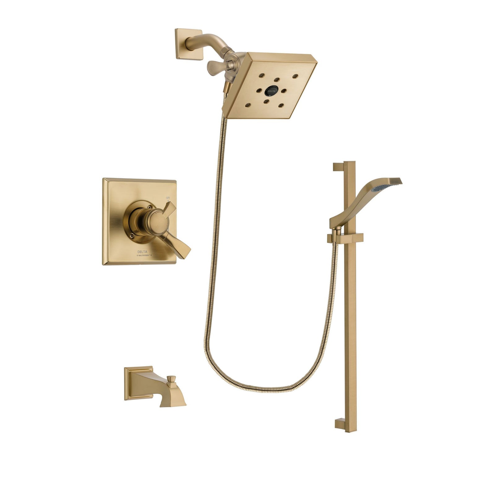 Delta Dryden Champagne Bronze Finish Dual Control Tub and Shower Faucet System Package with Square Shower Head and Modern Handheld Shower Spray with Slide Bar Includes Rough-in Valve and Tub Spout DSP3941V