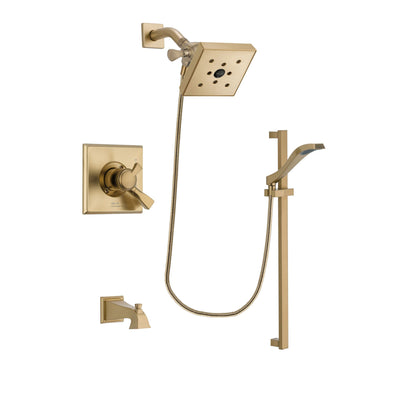 Delta Dryden Champagne Bronze Finish Dual Control Tub and Shower Faucet System Package with Square Shower Head and Modern Handheld Shower Spray with Slide Bar Includes Rough-in Valve and Tub Spout DSP3941V