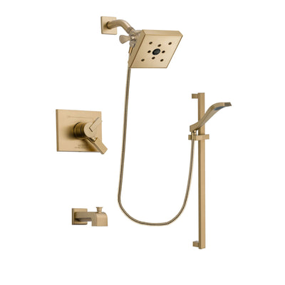 Delta Vero Champagne Bronze Finish Dual Control Tub and Shower Faucet System Package with Square Shower Head and Modern Handheld Shower Spray with Slide Bar Includes Rough-in Valve and Tub Spout DSP3943V