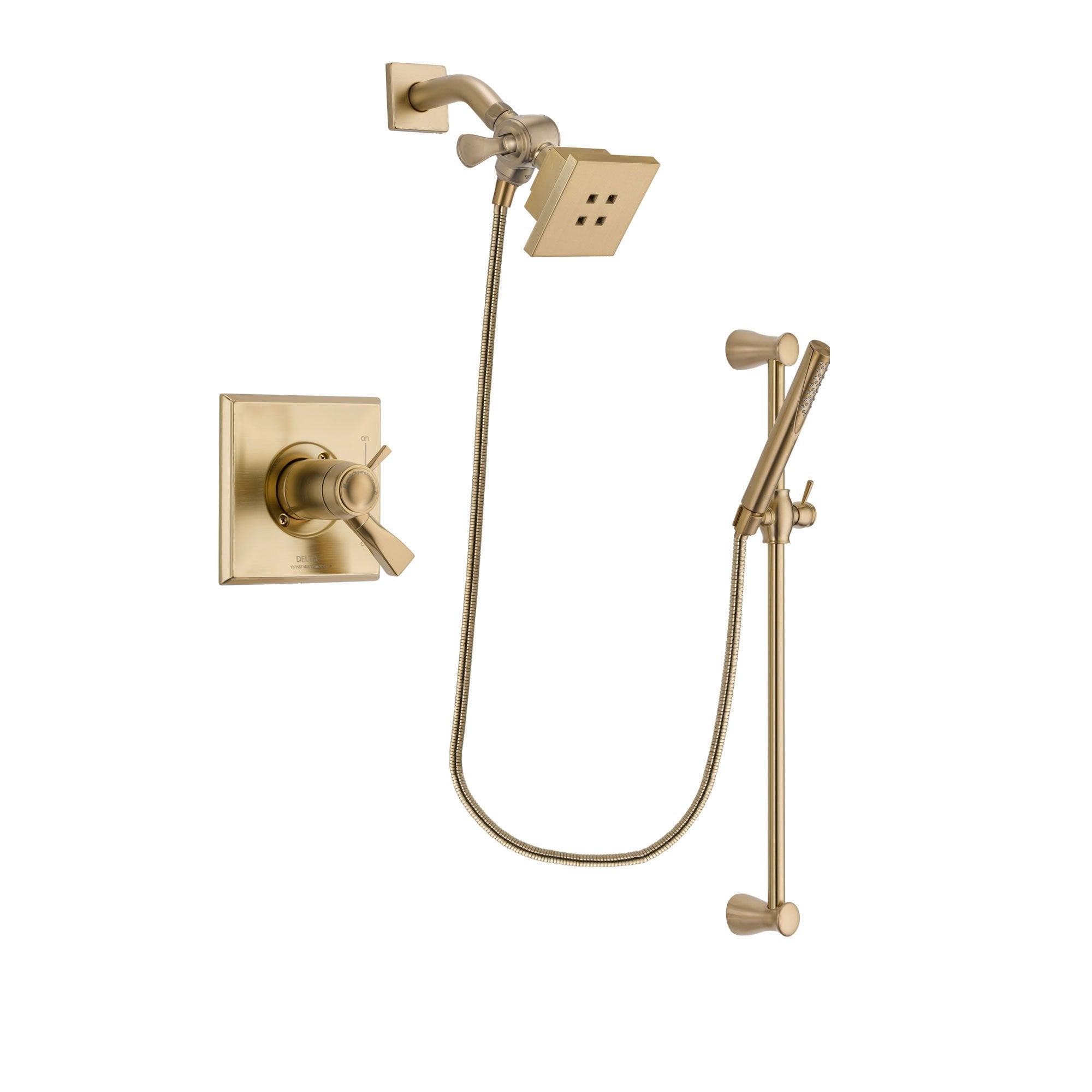 Delta Dryden Champagne Bronze Finish Thermostatic Shower Faucet System Package with Square Showerhead and Modern Handheld Shower with Slide Bar Includes Rough-in Valve DSP3946V