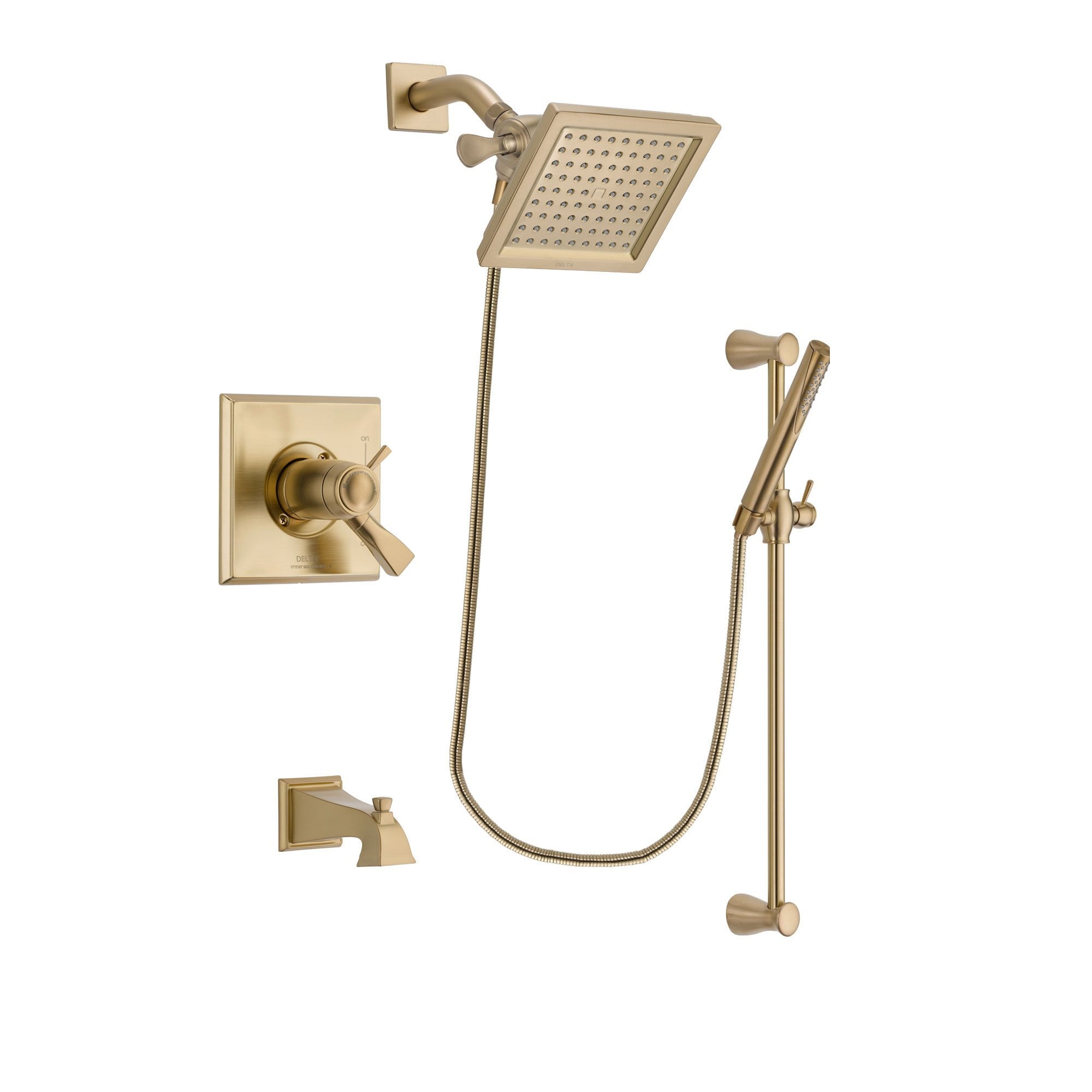 Delta Dryden Champagne Bronze Finish Thermostatic Tub and Shower Faucet System Package with 6.5-inch Square Rain Showerhead and Modern Handheld Shower with Slide Bar Includes Rough-in Valve and Tub Spout DSP3957V