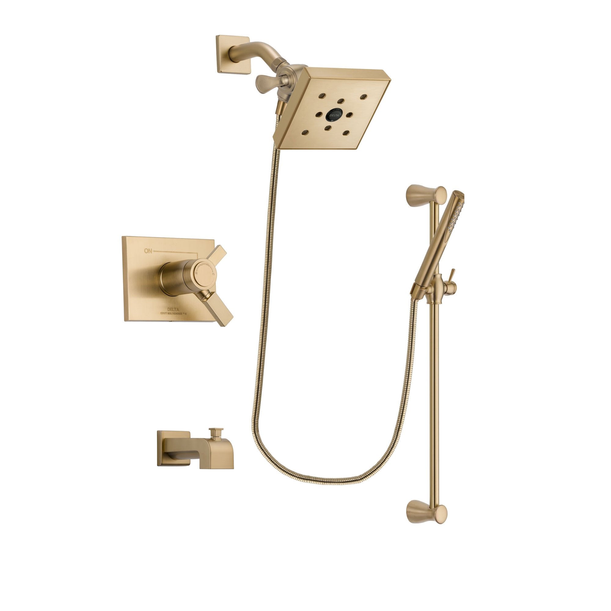 Delta Vero Champagne Bronze Finish Thermostatic Tub and Shower Faucet System Package with Square Shower Head and Modern Handheld Shower with Slide Bar Includes Rough-in Valve and Tub Spout DSP3971V