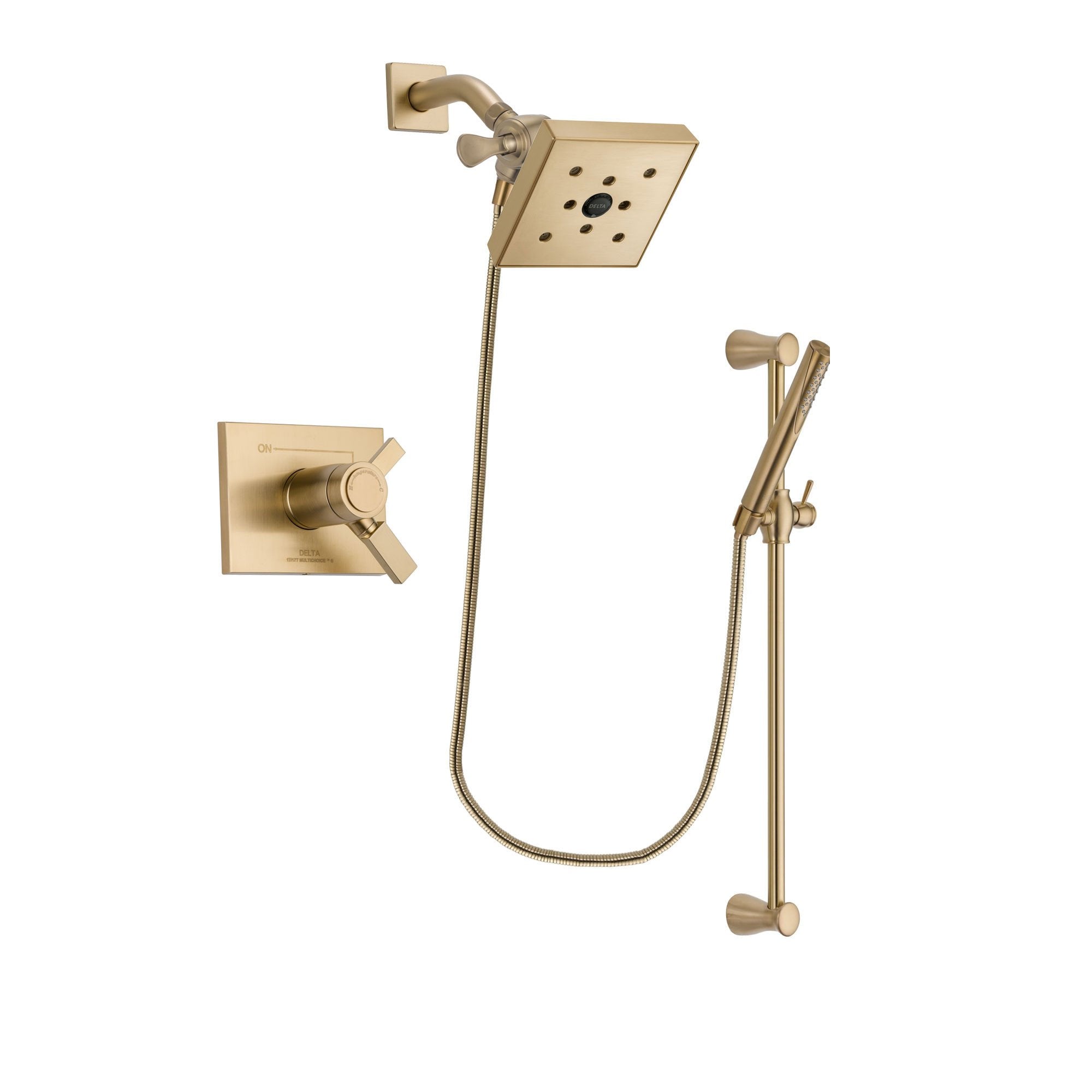 Delta Vero Champagne Bronze Finish Thermostatic Shower Faucet System Package with Square Shower Head and Modern Handheld Shower with Slide Bar Includes Rough-in Valve DSP3972V