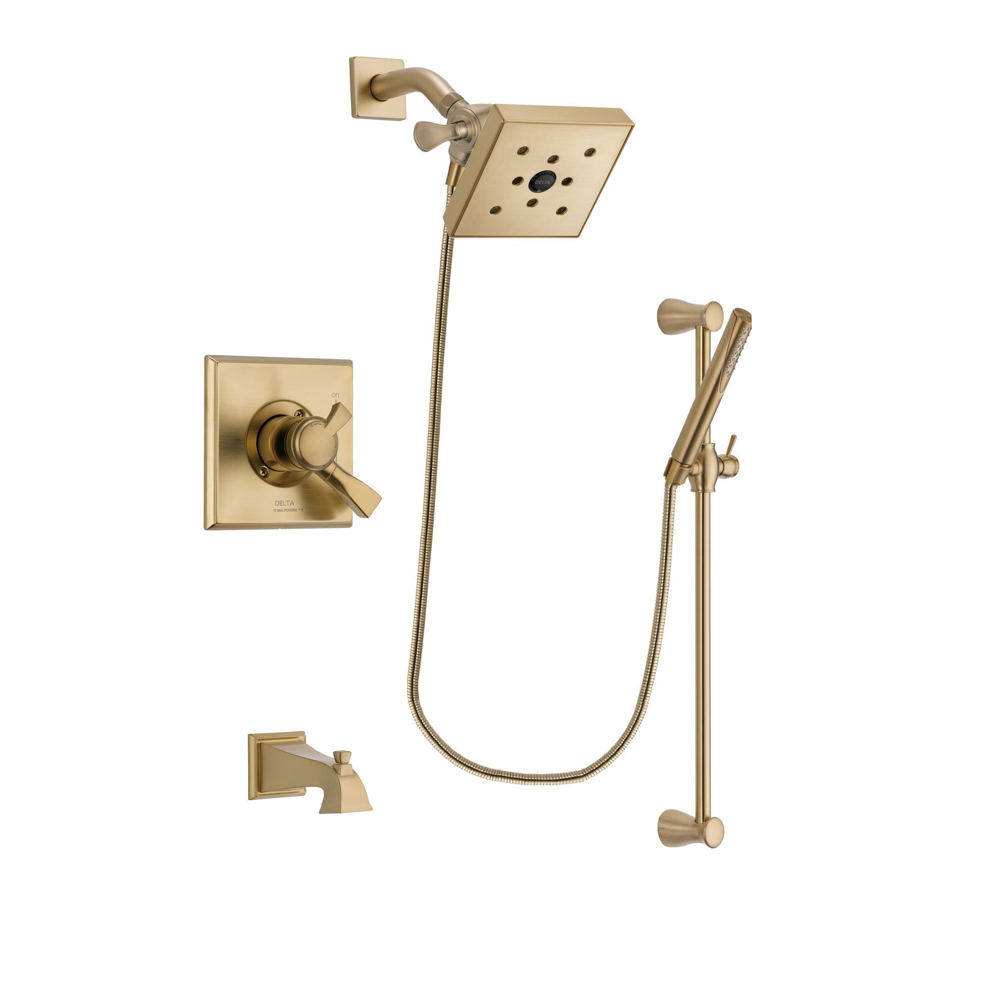 Delta Dryden Champagne Bronze Finish Dual Control Tub and Shower Faucet System Package with Square Shower Head and Modern Handheld Shower with Slide Bar Includes Rough-in Valve and Tub Spout DSP3977V