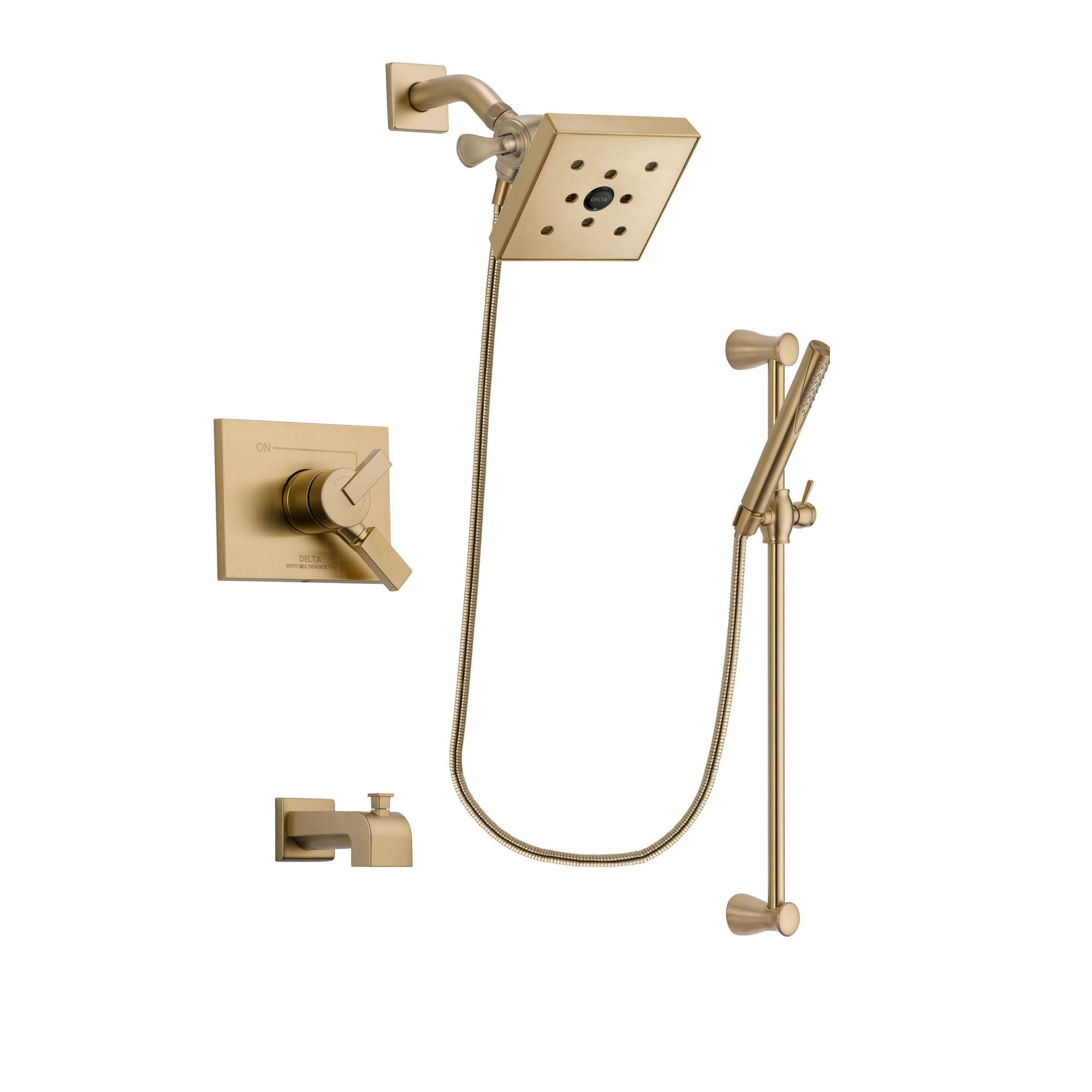 Delta Vero Champagne Bronze Finish Dual Control Tub and Shower Faucet System Package with Square Shower Head and Modern Handheld Shower with Slide Bar Includes Rough-in Valve and Tub Spout DSP3979V