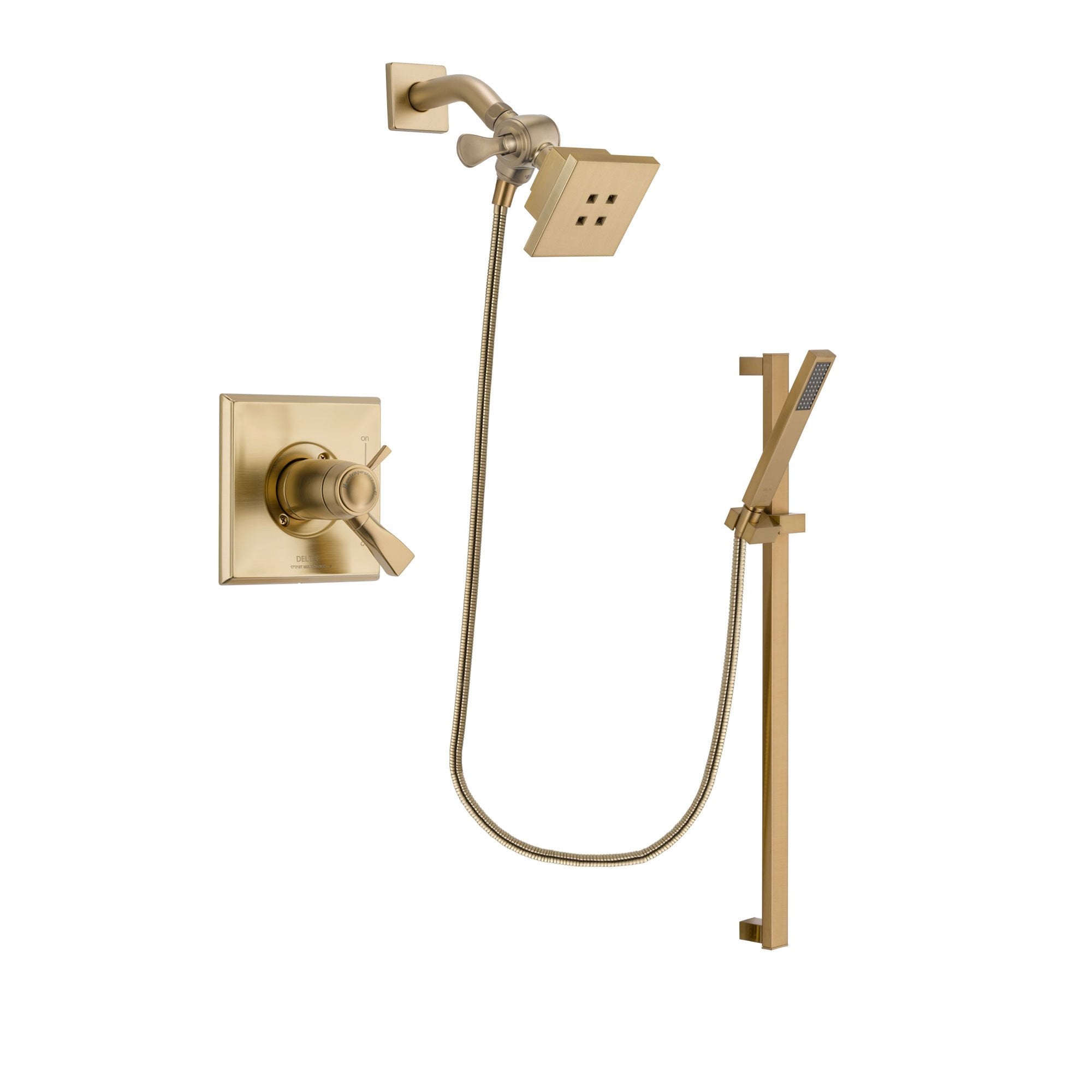 Delta Dryden Champagne Bronze Finish Thermostatic Shower Faucet System Package with Square Showerhead and Modern Handheld Shower with Square Slide Bar Includes Rough-in Valve DSP3982V