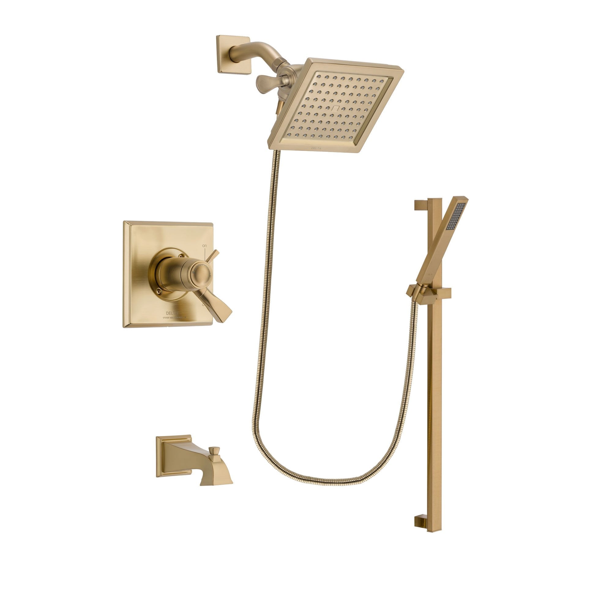 Delta Dryden Champagne Bronze Finish Thermostatic Tub and Shower Faucet System Package with 6.5-inch Square Rain Showerhead and Modern Handheld Shower with Square Slide Bar Includes Rough-in Valve and Tub Spout DSP3993V
