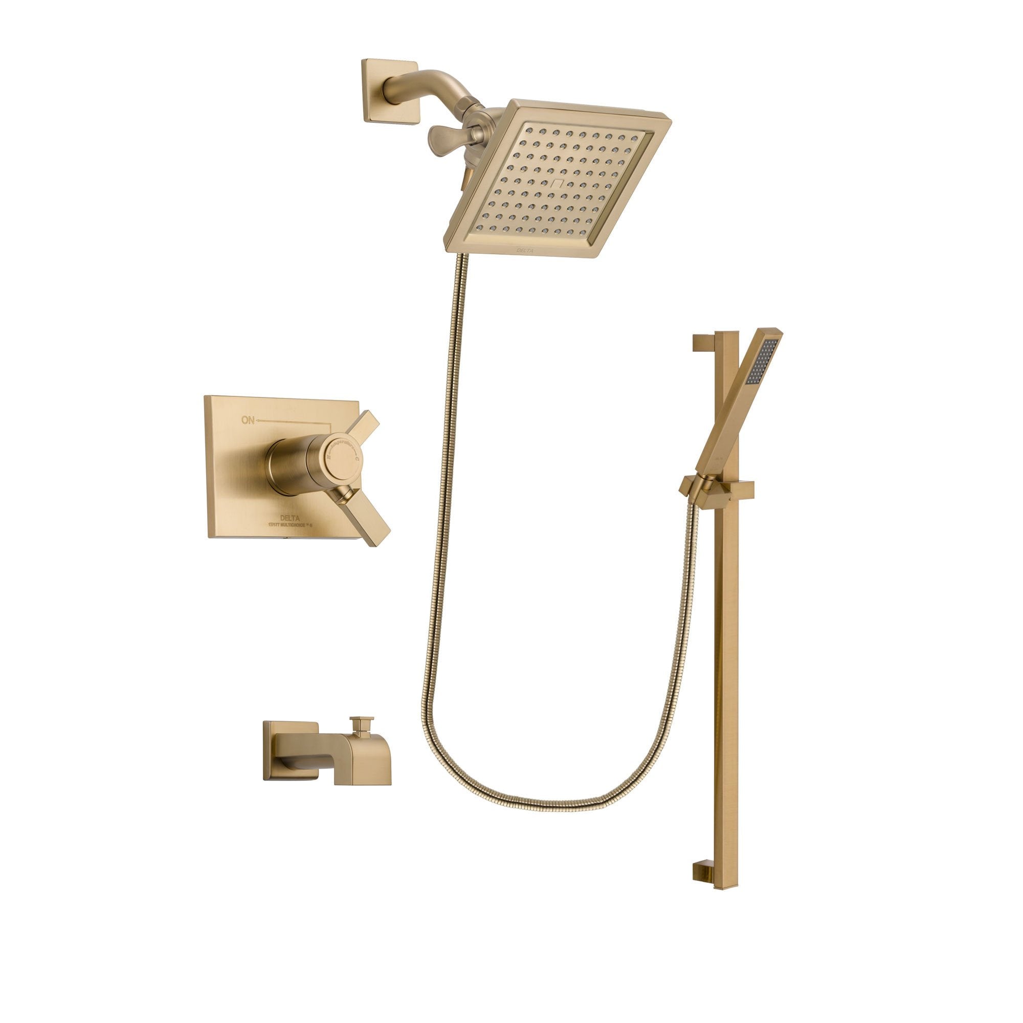 Delta Vero Champagne Bronze Finish Thermostatic Tub and Shower Faucet System Package with 6.5-inch Square Rain Showerhead and Modern Handheld Shower with Square Slide Bar Includes Rough-in Valve and Tub Spout DSP3995V