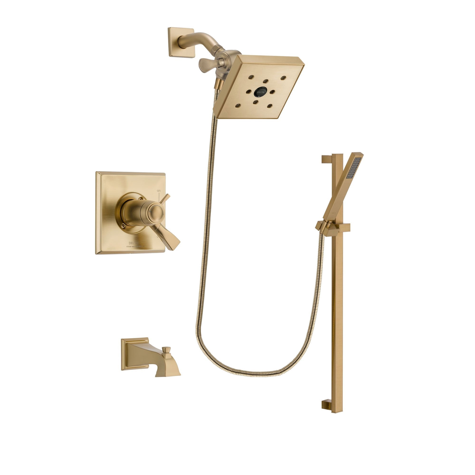 Delta Dryden Champagne Bronze Finish Thermostatic Tub and Shower Faucet System Package with Square Shower Head and Modern Handheld Shower with Square Slide Bar Includes Rough-in Valve and Tub Spout DSP4005V