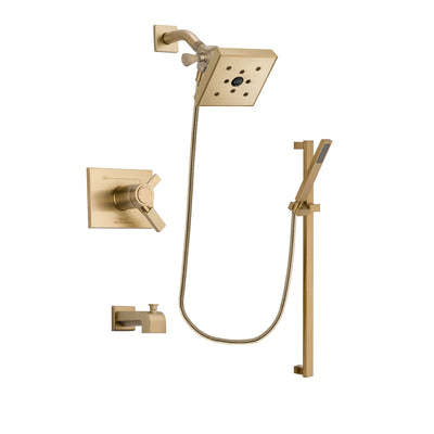 Delta Vero Champagne Bronze Finish Thermostatic Tub and Shower Faucet System Package with Square Shower Head and Modern Handheld Shower with Square Slide Bar Includes Rough-in Valve and Tub Spout DSP4007V