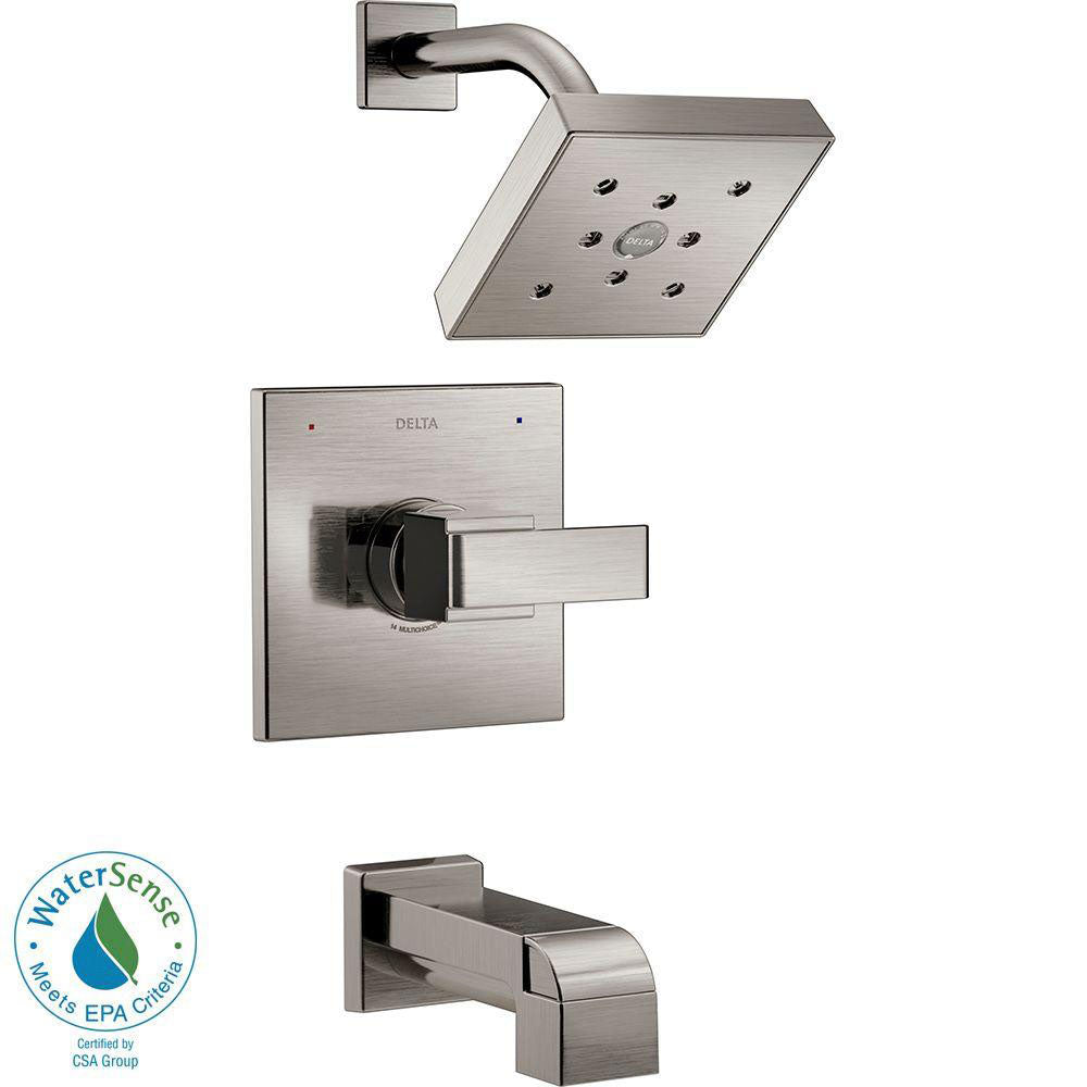 Delta Ara 1-Handle Tub and Shower Faucet Trim Kit in Stainless Steel Finish Featuring H2Okinetic (Valve Not Included) 682971