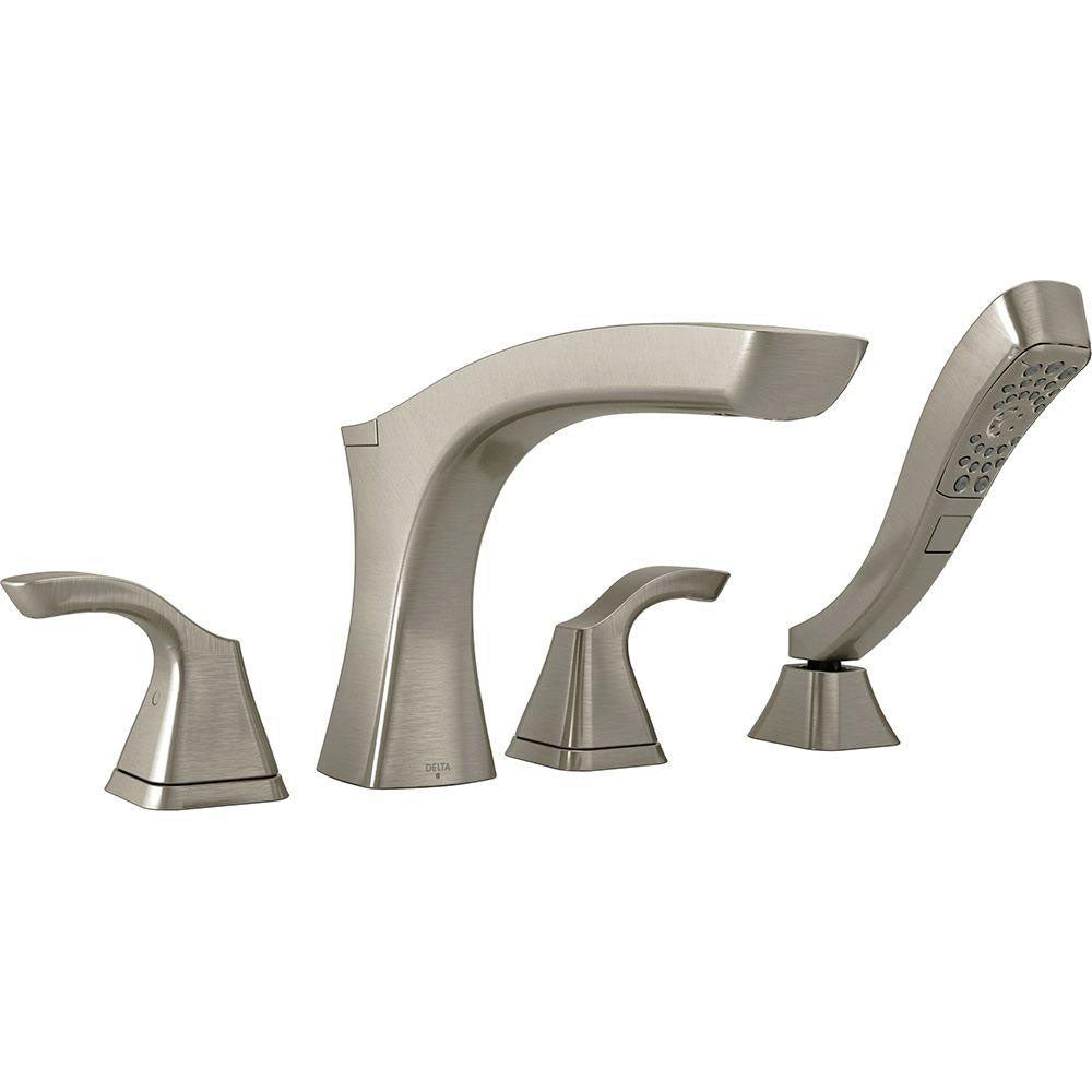 Delta Tesla 2-Handle Deck-Mount Roman Tub Faucet with Handshower in Stainless Steel Finish Includes Rough-in Valve D2573V
