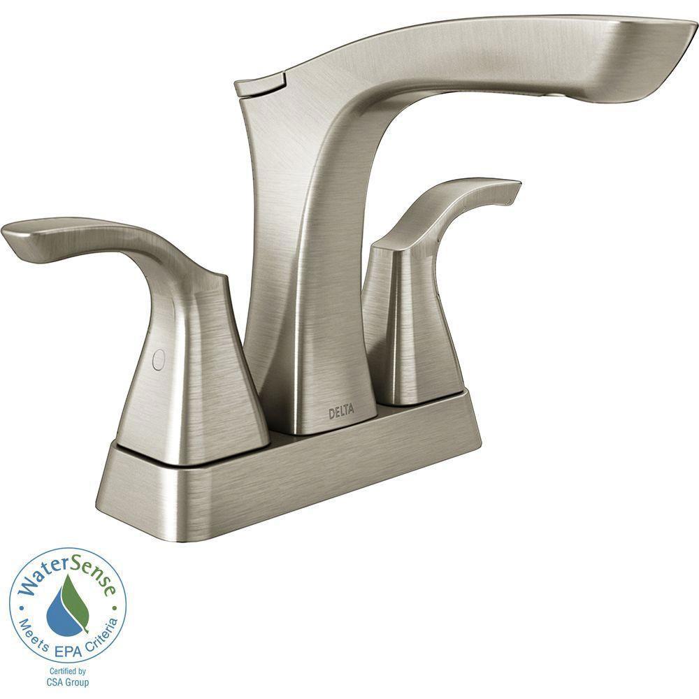 Delta Tesla 4 inch Centerset 2-Handle Bathroom Faucet in Stainless with Metal Drain Assembly 718252