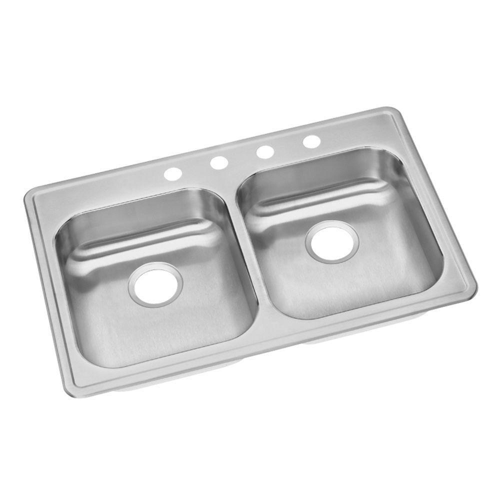 Elkay Dayton Top Mount Stainless Steel 21.25x5.375x33 4-Hole Double Bowl Kitchen Sink in Polished Satin Finish 467170