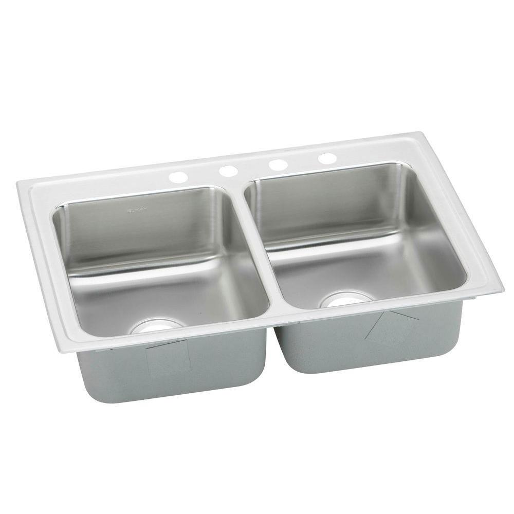 Elkay Pacemaker Top Mount Stainless Steel 33x19-1/2x7-1/4 3-Hole Stainless Steel Double Bowl Kitchen Sink 773218