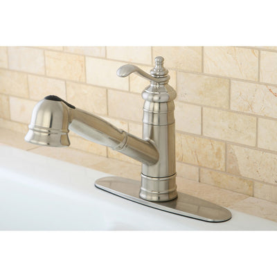 Kingston Satin Nickel Single Handle Pull Out Kitchen Faucet w Plate GS7578TL