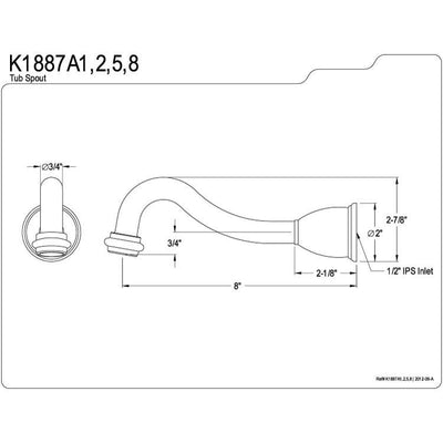 Kingston Brass Bathroom Accessories Satin Nickel Heritage 8" Tub Spout K1887A8