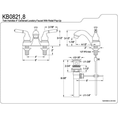 Kingston Brass Chrome 2 Handle 4" Centerset Bathroom Faucet w Pop-up KB0821