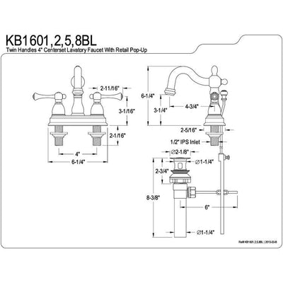 Kingston Polished Brass 2 Handle 4" Centerset Bathroom Faucet w Drain KB1602BL