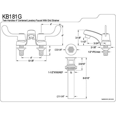 Kingston Chrome 2 Handle 4" Centerset Bathroom Faucet with Grid Strainer KB181G