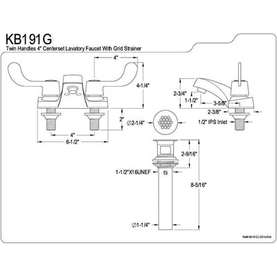 Kingston Chrome 2 Handle 4" Centerset Bathroom Faucet with Grid Strainer KB191G