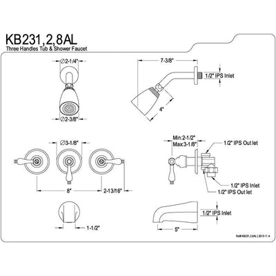 Kingston Magellan Satin Nickel Three Handle Tub and Shower Combo Faucet KB238AL