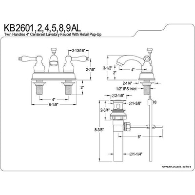 Kingston Polished Brass 2 Handle 4" Centerset Bathroom Faucet w Drain KB2602AL