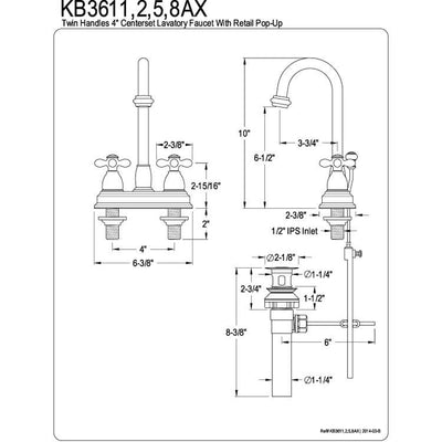 Kingston Chrome two handle 4" Centerset Bathroom Faucet with Pop-up KB3611AX