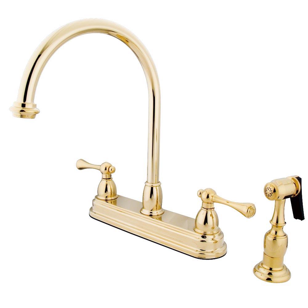 Kingston Polished Brass Two Handle 8" Kitchen Faucet With Brass Sprayer KB3752BLBS