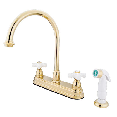Kingston Polished Brass Two Handle 8" Kitchen Faucet with White Sprayer KB3752PX