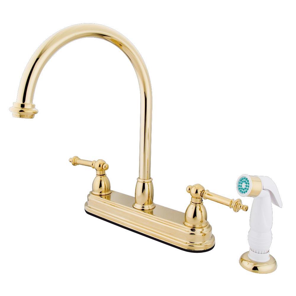Kingston Polished Brass Two Handle 8" Kitchen Faucet With White Sprayer KB3752TL