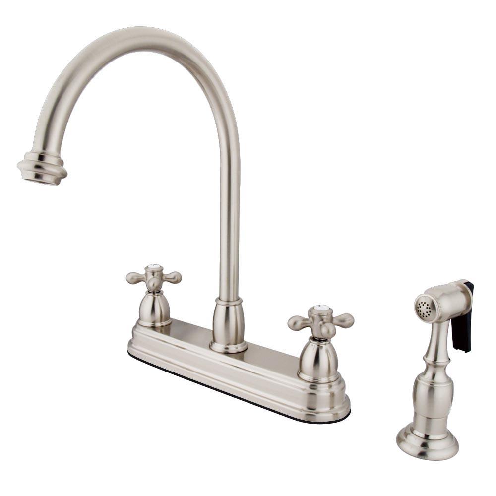 Kingston Satin Nickel Two Handle 8" Kitchen Faucet with Brass Sprayer KB3758AXBS