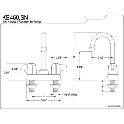 Kingston Brass Satin Nickel Two Handle 4" Centerset Bar Faucet KB460SN