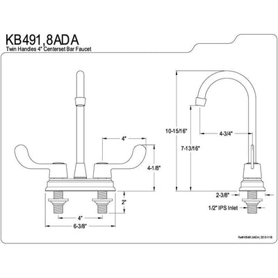 Kingston Chrome Two Handle 4" Centerset High-Arch Bar Prep Sink Faucet KB491ADA