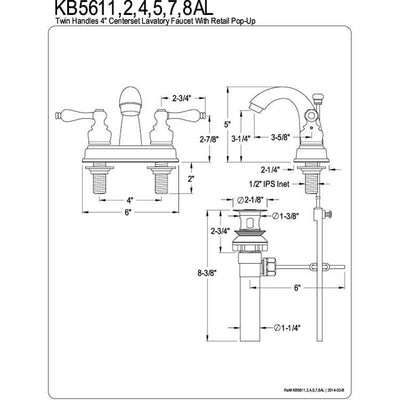 Kingston Polished Brass 2 Handle 4" Centerset Bathroom Faucet w Drain KB5612AL