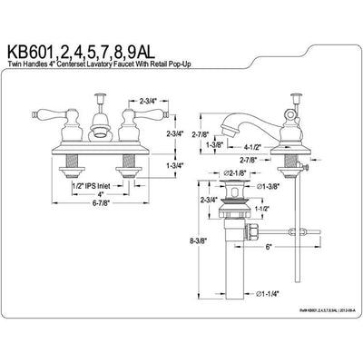 Kingston Polished Brass 2 Handle 4" Centerset Bathroom Faucet w Drain KB602AL