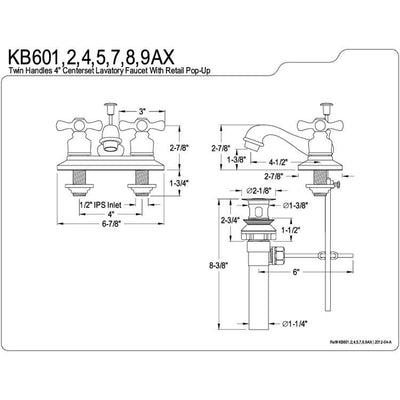 Kingston Polished Brass 2 Handle 4" Centerset Bathroom Faucet w Drain KB602AX