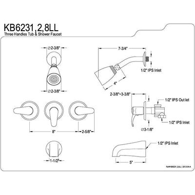 Kingston Satin Nickel Three Handle Tub and Shower Combination Faucet KB6238LL