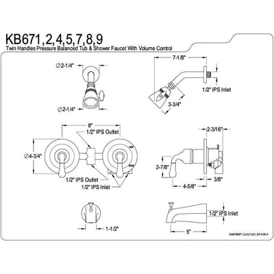 Kingston Chrome / Polished Brass 2 Handle Tub & Shower Combination Faucet KB674