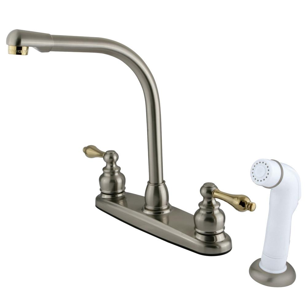 Kingston Satin Nickel / Polished Brass Hi-Arch Kitchen Faucet w Sprayer KB719AL