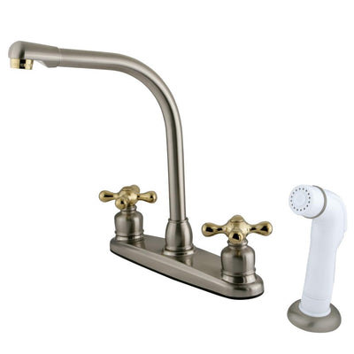 Kingston Satin Nickel / Polished Brass Hi-Arch Kitchen Faucet w Sprayer KB719AX